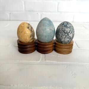 Set of 3 Vintage Honed Natural Stone Eggs Yellow Blue Black